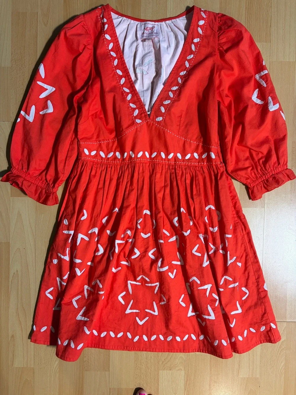 Anthropologie‎ Banjanan Red with Inlaid Embroiderey Mini Dress Poplin Cotton